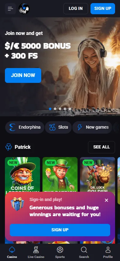 Lucky Vibe Casino home page on a mobile device