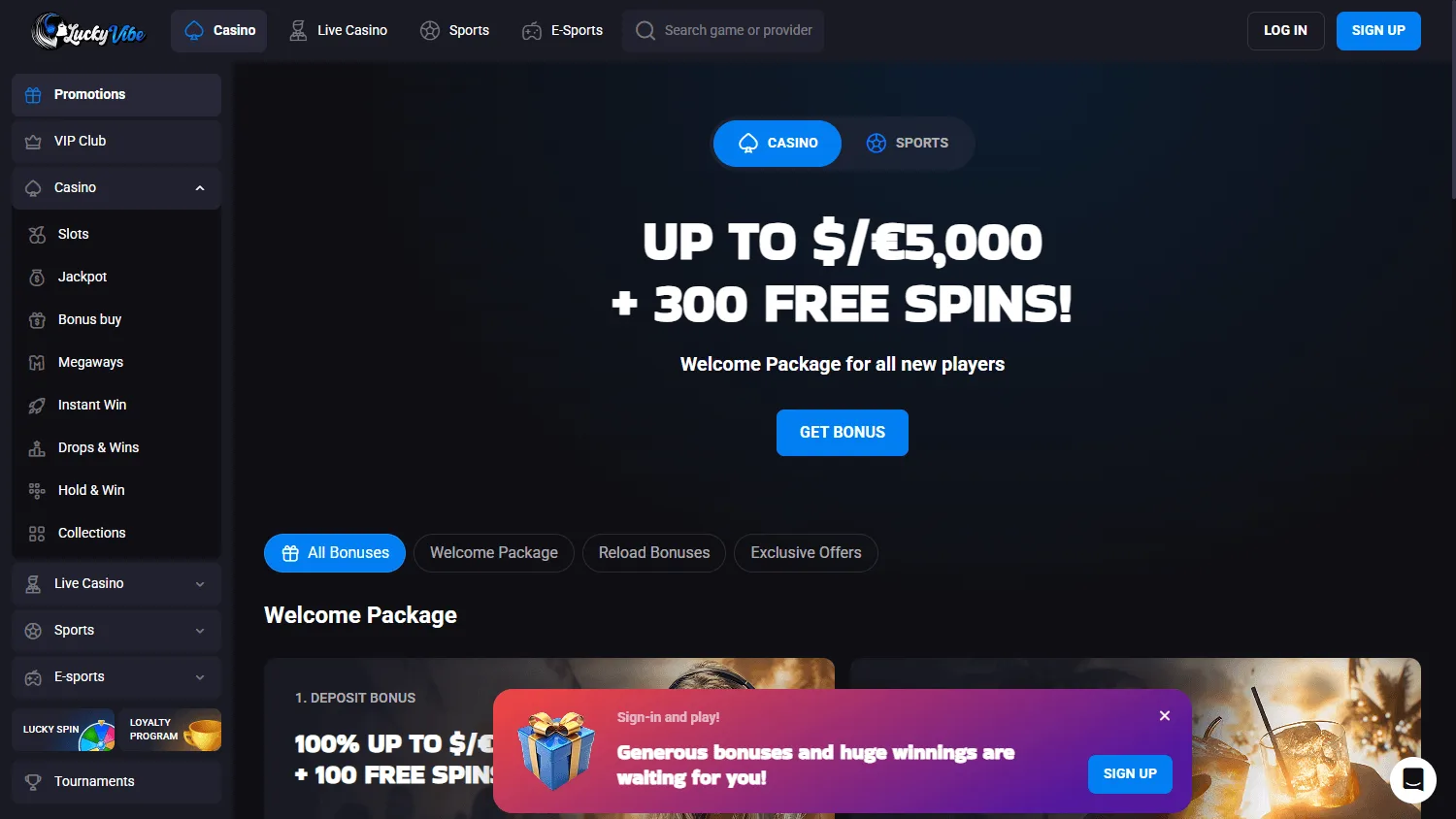 Lucky Vibe Casino promotions area on a desktop screen