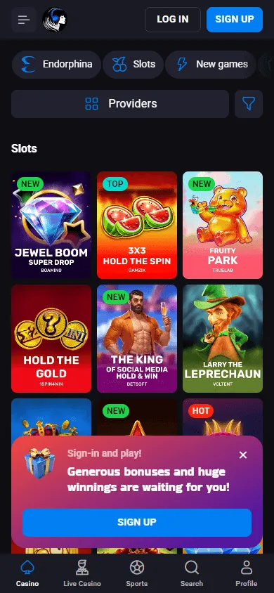 Lucky Vibe Casino games area on a mobile device