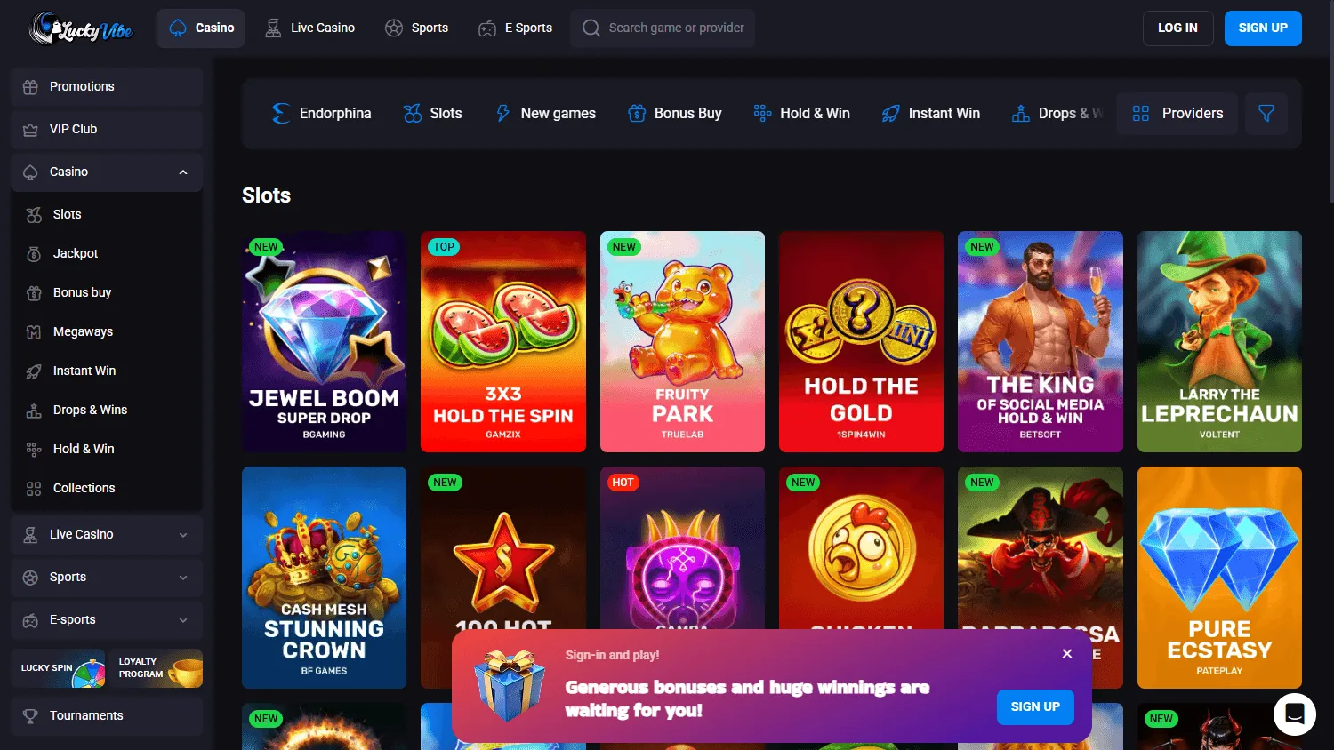 Lucky Vibe Casino games area on a desktop screen