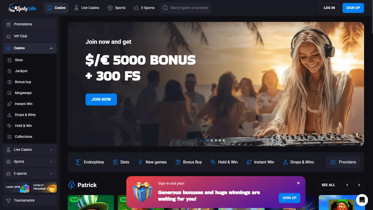 Lucky Vibe Casino home page on a desktop screen